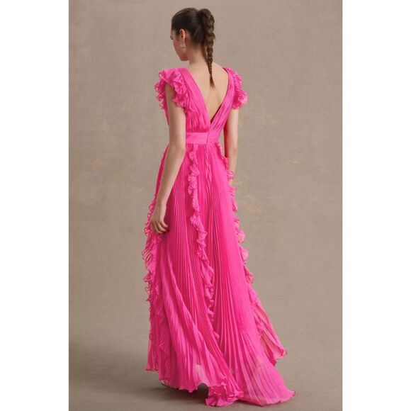 Mac Duggal 49539 Size 12 Pink Pleated Ruffle Ruffles V-Neck Long Maxi Gown Dress - Picture 3 of 8